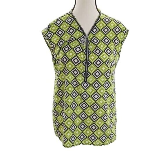 Michael Kors Sleeveless Blouse Green Geometric Half Zip Womens Size XS - Picture 1 of 5